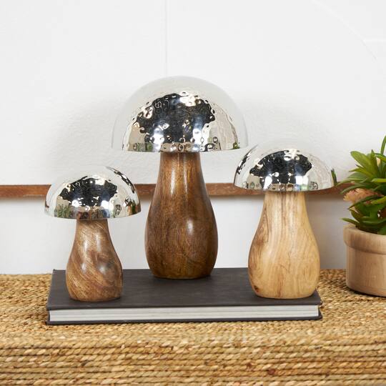 Stainless Steel & Wood Mushroom Hammered Sculpture Set